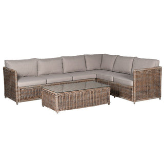 Wicker outdoor sectional sofa with beige cushions and a matching coffee table on a white background