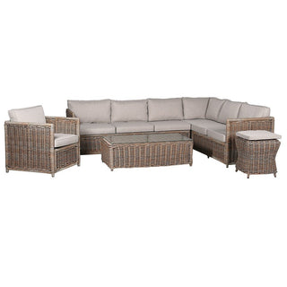 Soleil outdoor garden set in handwoven greige PE rattan with modular corner sofa, matching armchair, footstool and glass-topped coffee table