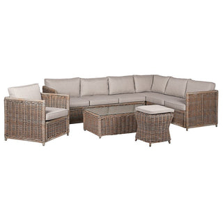 Wicker outdoor furniture set with beige cushions on a white background