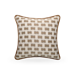 Lavenham piped cushion in ivory and beige with ochre velvet piping, front view