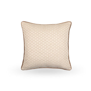 Lechlade beige geometric cushion with caramel velvet piping, front view