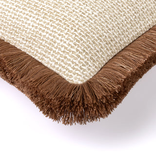Ozleworth cream cushion with double brown fringe, angled view