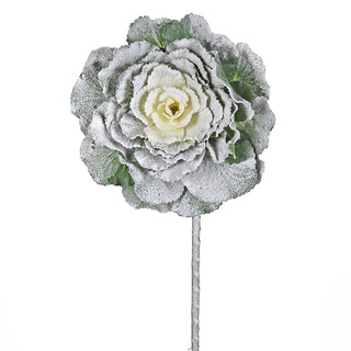 An artificial frosted ornamental cabbage flower stem with layered silver-white petals, green edges, and a pale cream center on a white background.