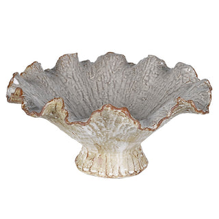 Sudeley ruffled edge ceramic bowl in stone grey and cream with a rust brown rim