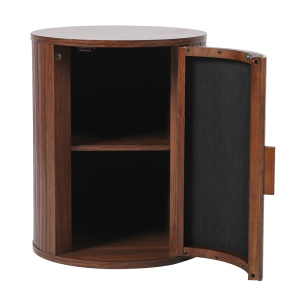 Walnut Essence round bedside table with curved door open showing two interior storage shelves and reeded slatted body