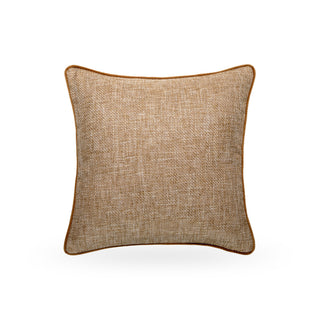 Wellow textured gold cushion with ochre velvet piping, front view
