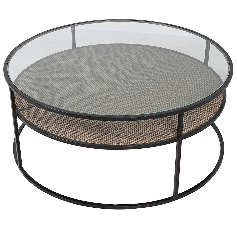 Round coffee table with metal frame, glass top and rattan shelf