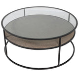Round coffee table with metal frame, glass top and rattan shelf
