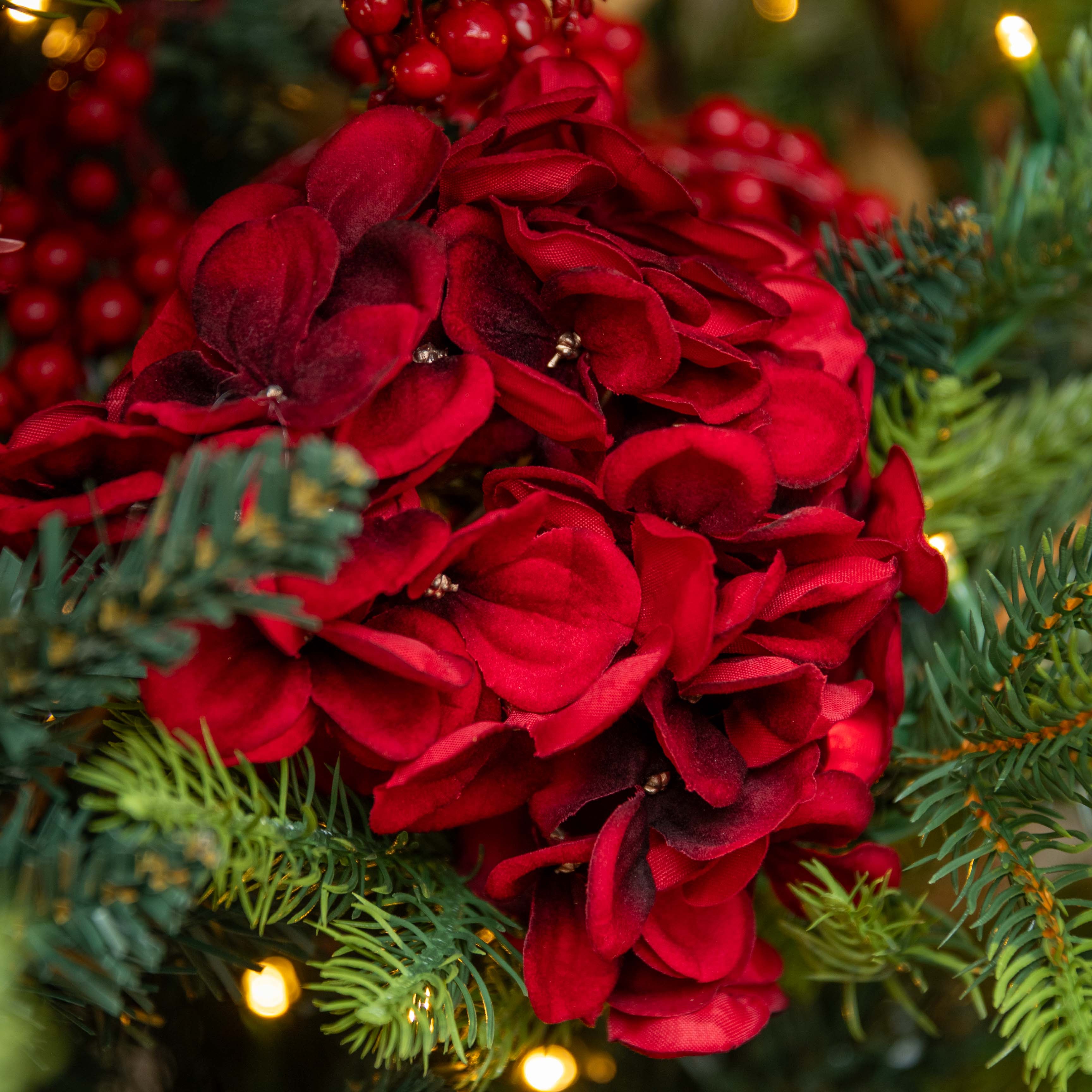 Close-up of red hydrangea flowers and greenery with blurred lights in the background