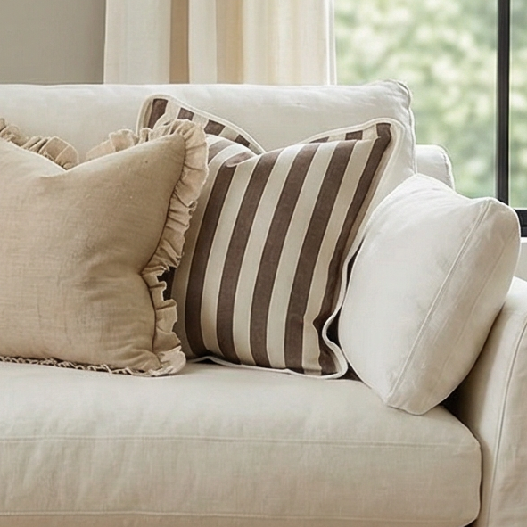 Beige sofa with decorative pillows in a living room setting with large windows and a painting on the wall.