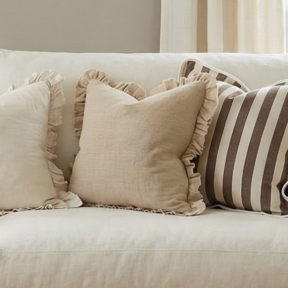 Beige sofa with decorative pillows in a living room setting with large windows and a painting on the wall.