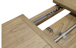  Close-up of the engineered metal slide and central locating bar beneath the Stourton dining table top