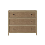 stunning three drawer chest with a grey aged oak and oak veneer, featuring a rattan latticed front, drawers on wooden runners, painted grey on inside, tapered legs, small round gun metal style handles