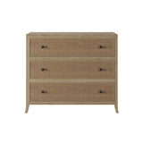 stunning three drawer chest with a grey aged oak and oak veneer, featuring a rattan latticed front, drawers on wooden runners, painted grey on inside, tapered legs, small round gun metal style handles