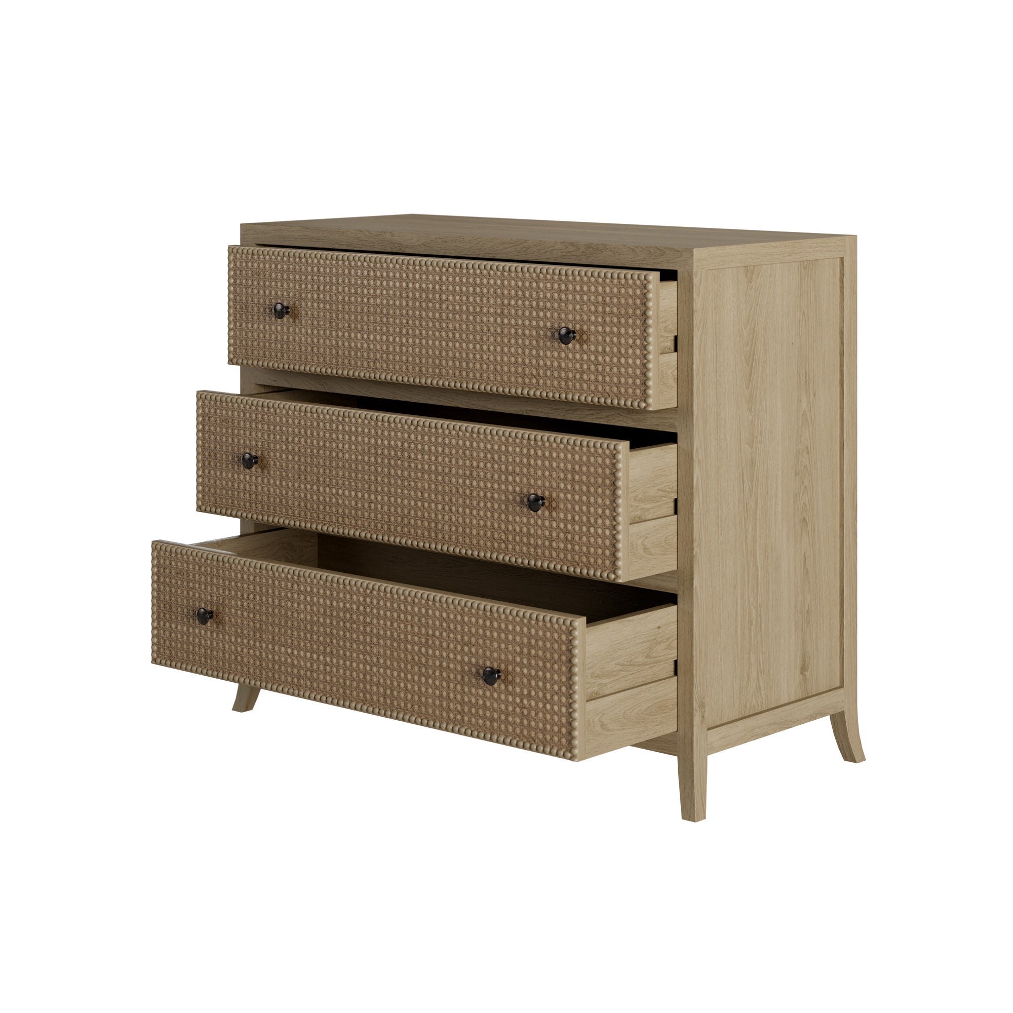 stunning three drawer chest with a grey aged oak and oak veneer, featuring a rattan latticed front, drawers on wooden runners, painted grey on inside, tapered legs, small round gun metal style handles