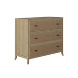 stunning three drawer chest with a grey aged oak and oak veneer, featuring a rattan latticed front, drawers on wooden runners, painted grey on inside, tapered legs, small round gun metal style handles