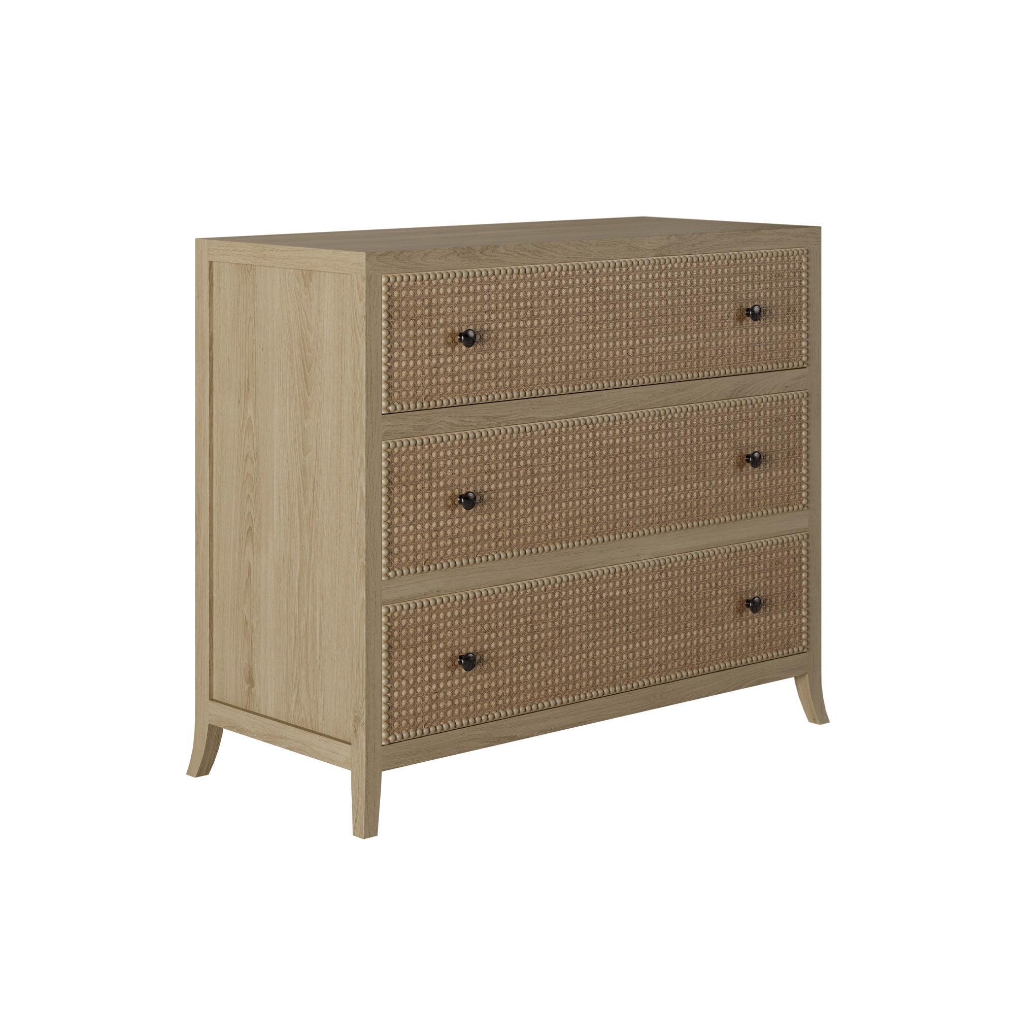 stunning three drawer chest with a grey aged oak and oak veneer, featuring a rattan latticed front, drawers on wooden runners, painted grey on inside, tapered legs, small round gun metal style handles