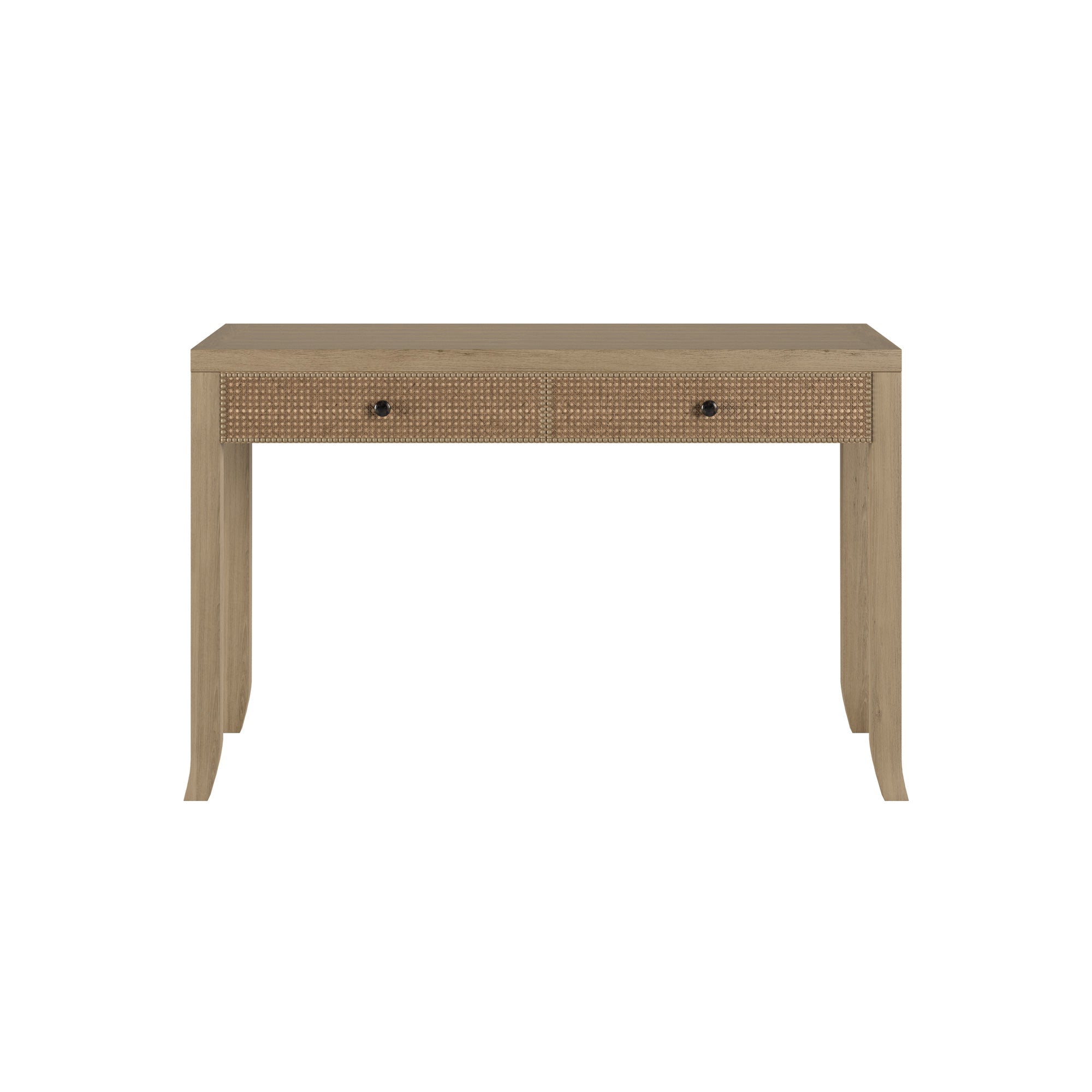 Evelyn is a stunning two drawer console with a grey aged oak and oak veneer, featuring a rattan latticed front, drawers on wooden runners, painted grey on inside, tapered legs, small round gun metal style handle