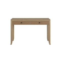 Evelyn is a stunning two drawer console with a grey aged oak and oak veneer, featuring a rattan latticed front, drawers on wooden runners, painted grey on inside, tapered legs, small round gun metal style handle
