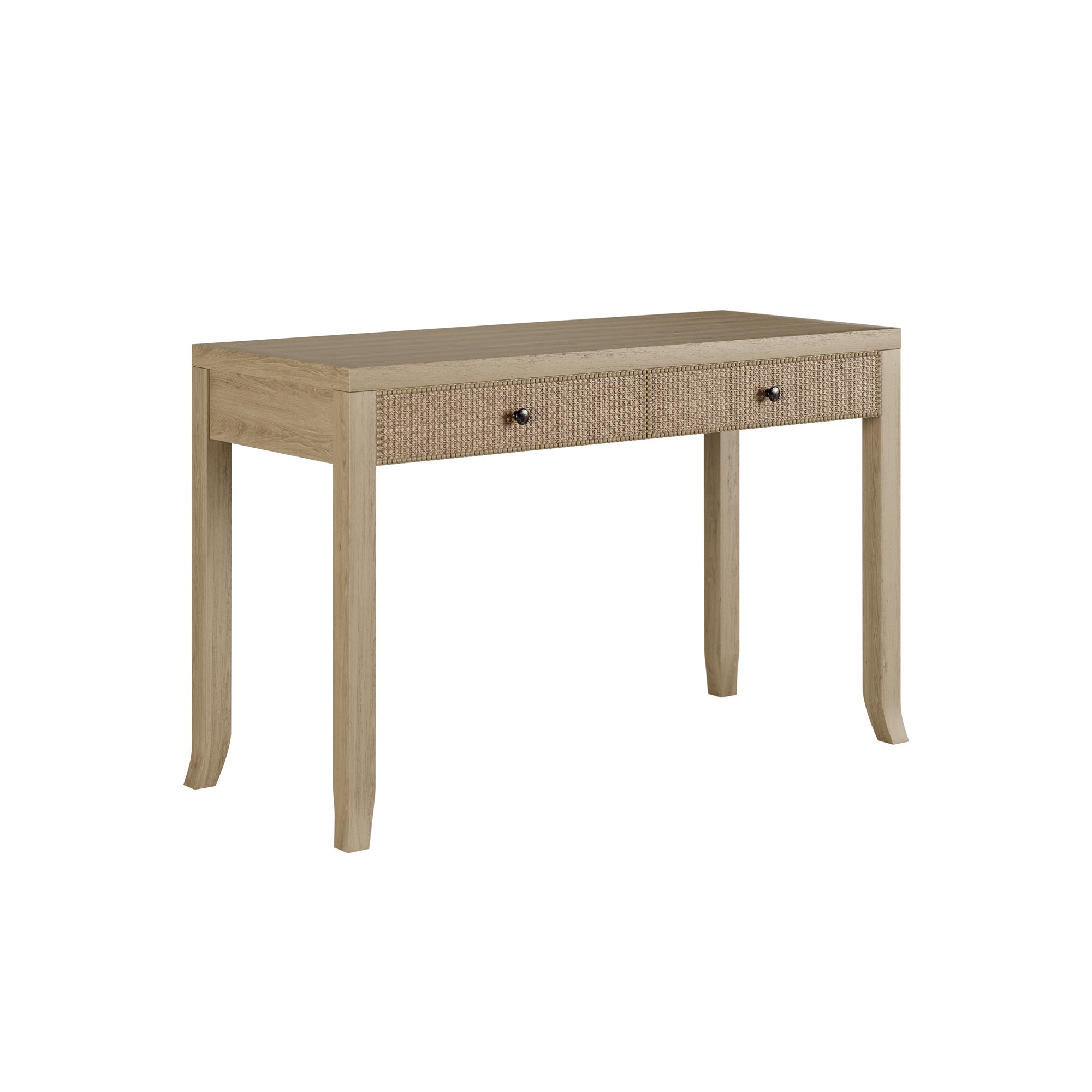 Evelyn is a stunning two drawer console with a grey aged oak and oak veneer, featuring a rattan latticed front, drawers on wooden runners, painted grey on inside, tapered legs, small round gun metal style handle