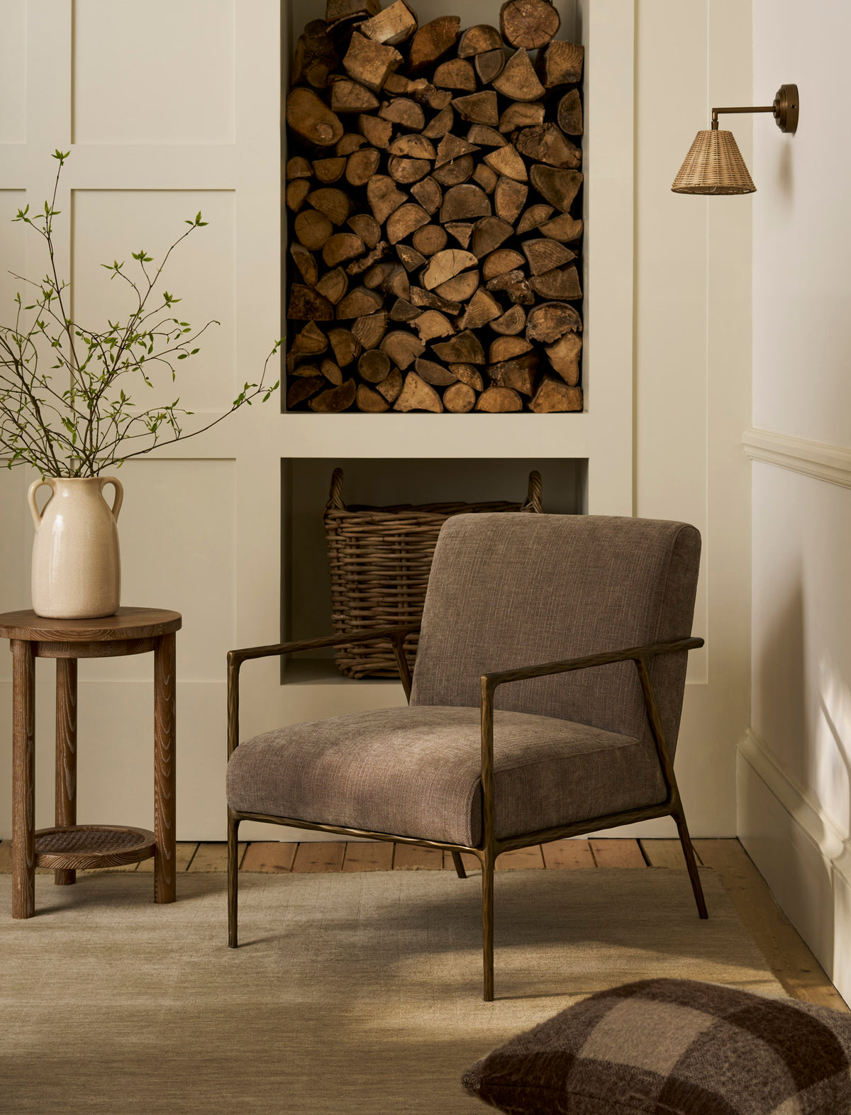 Guiting antique brass armchair with neutral cushions, view 2