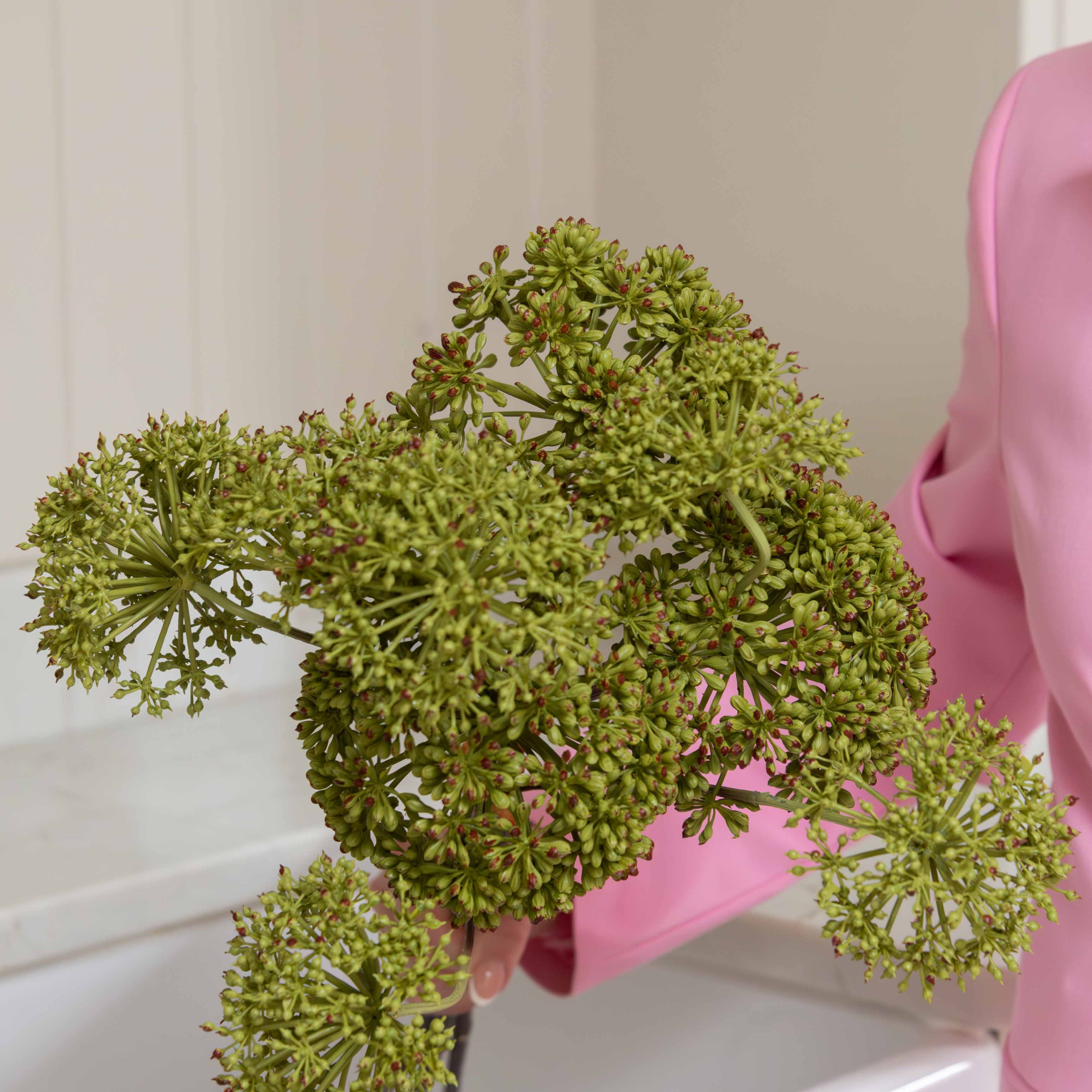 A stunning Faux Angelica seed head stem in green - perfect to use as a filler in bouquets - or use in a group on its own to create a beautiful simple display