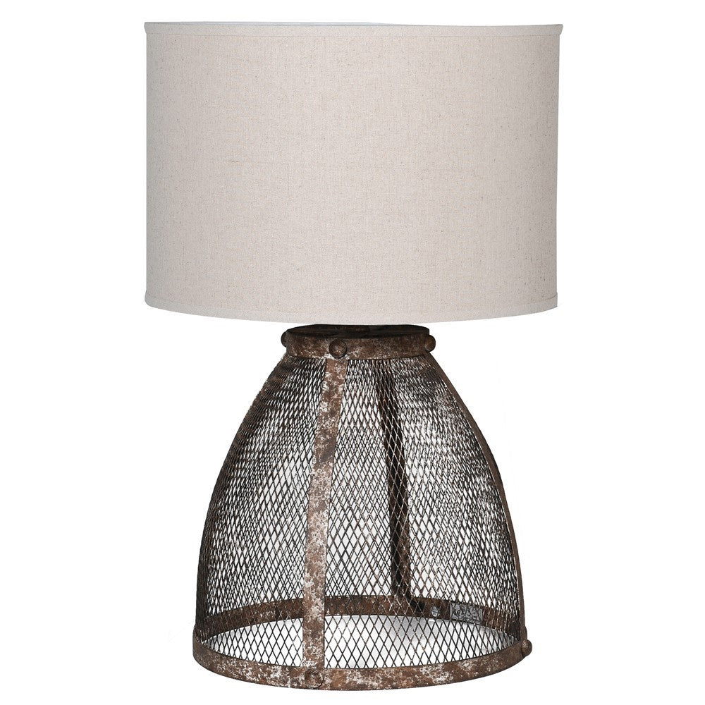 Fisherman cage lamp featuring a metal mesh base and a white lampshade