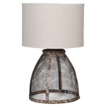 Fisherman cage lamp featuring a metal mesh base and a white lampshade