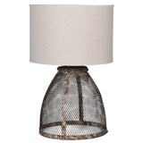 Fisherman cage lamp featuring a metal mesh base and a white lampshade