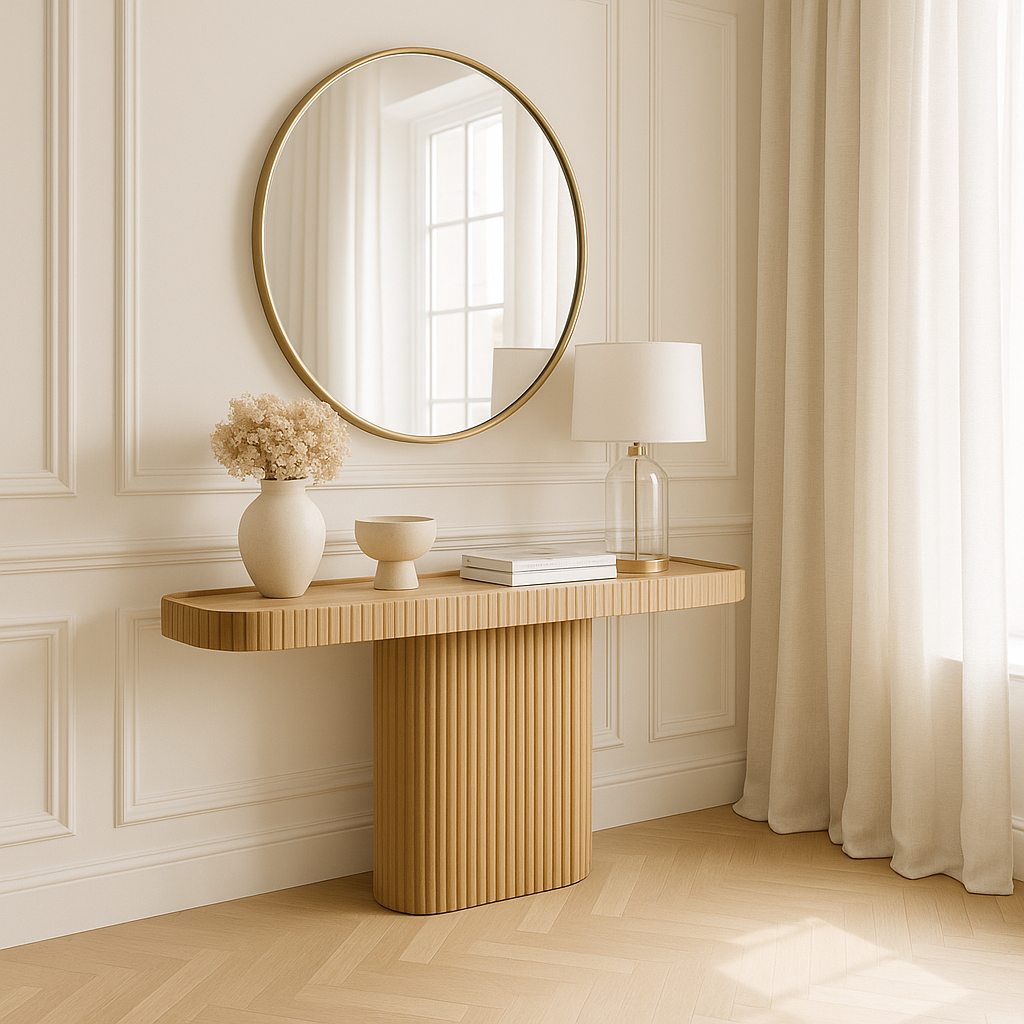 A Beautiful console table with fluted detailing crafted from mango wood and finished in a natural colourway. 

Unique with its pedestal base.

Dimensions:

 H 76.5cm W 154cm D 39cm
