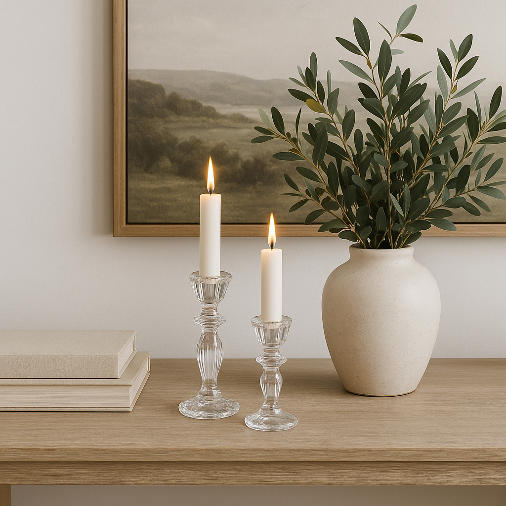 A beautiful set of two glass candlesticks. Perfect for creating a Christmas glow on your table or mantelpiece.

Dimensions:

H 15.5cm W 8cm