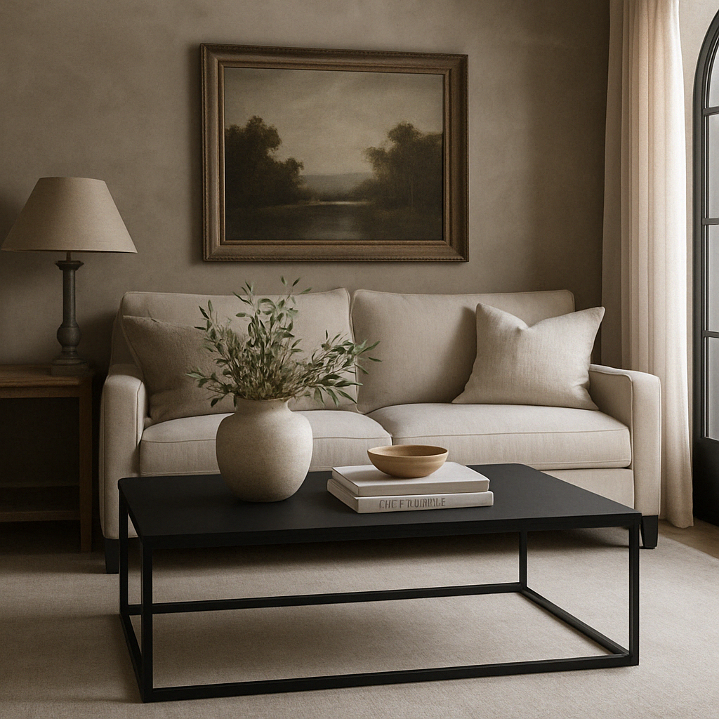 Black industrial style coffee table, faux concrete top, slate grey metal frame

Dimensions:

H 42cm W110cm D 50cm

13.2kgs