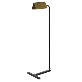 Floor lamp with a black base and gold adjustable shade on a white background