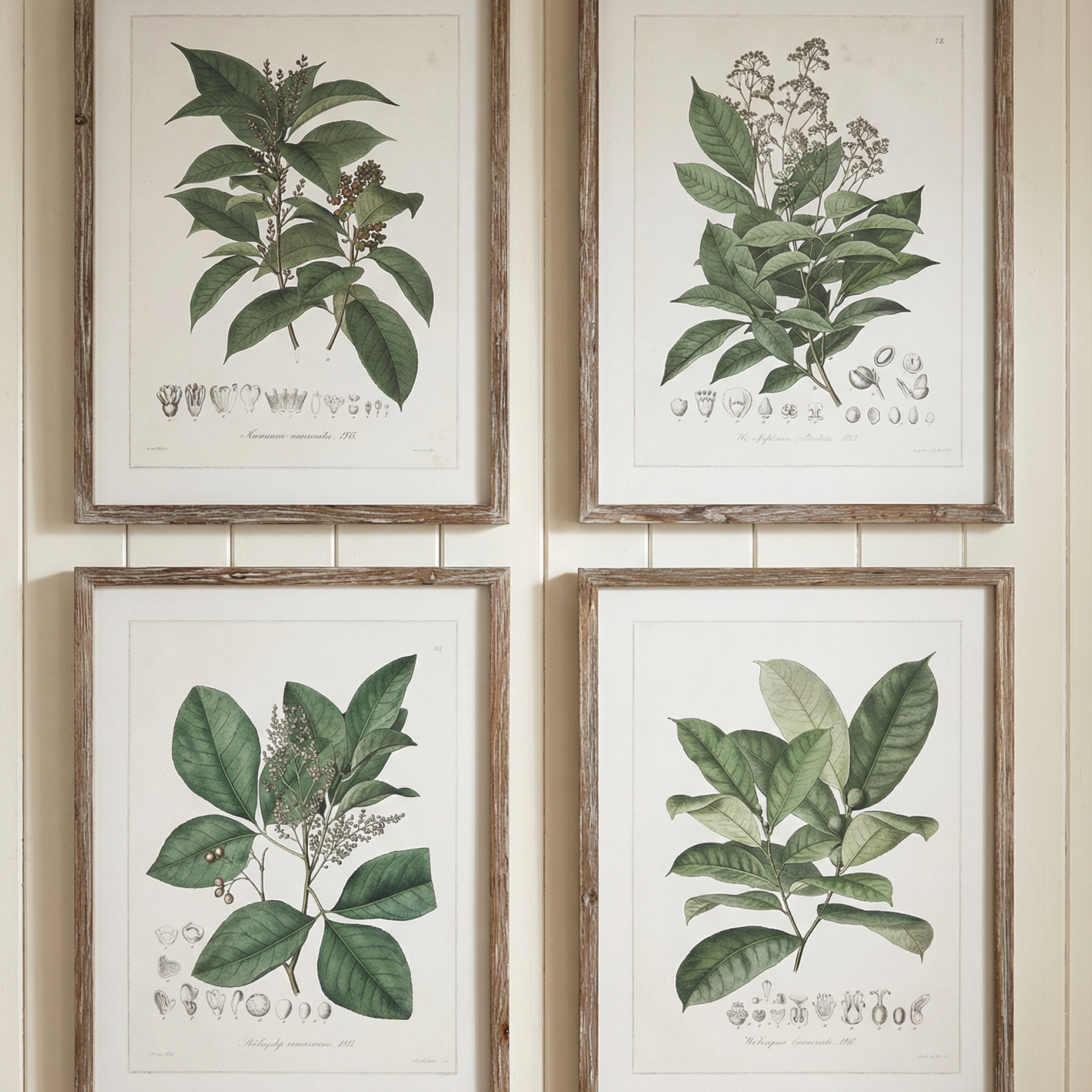 Set of 4 framed perennial herb botanical wall art prints displayed in a row