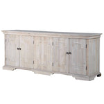 Crafted from recycled pine, this cabinet showcases four doors adorned with bronze metal handles and a rustic finish.
