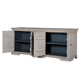 Crafted from recycled pine, this cabinet showcases four doors adorned with bronze metal handles and a rustic finish.