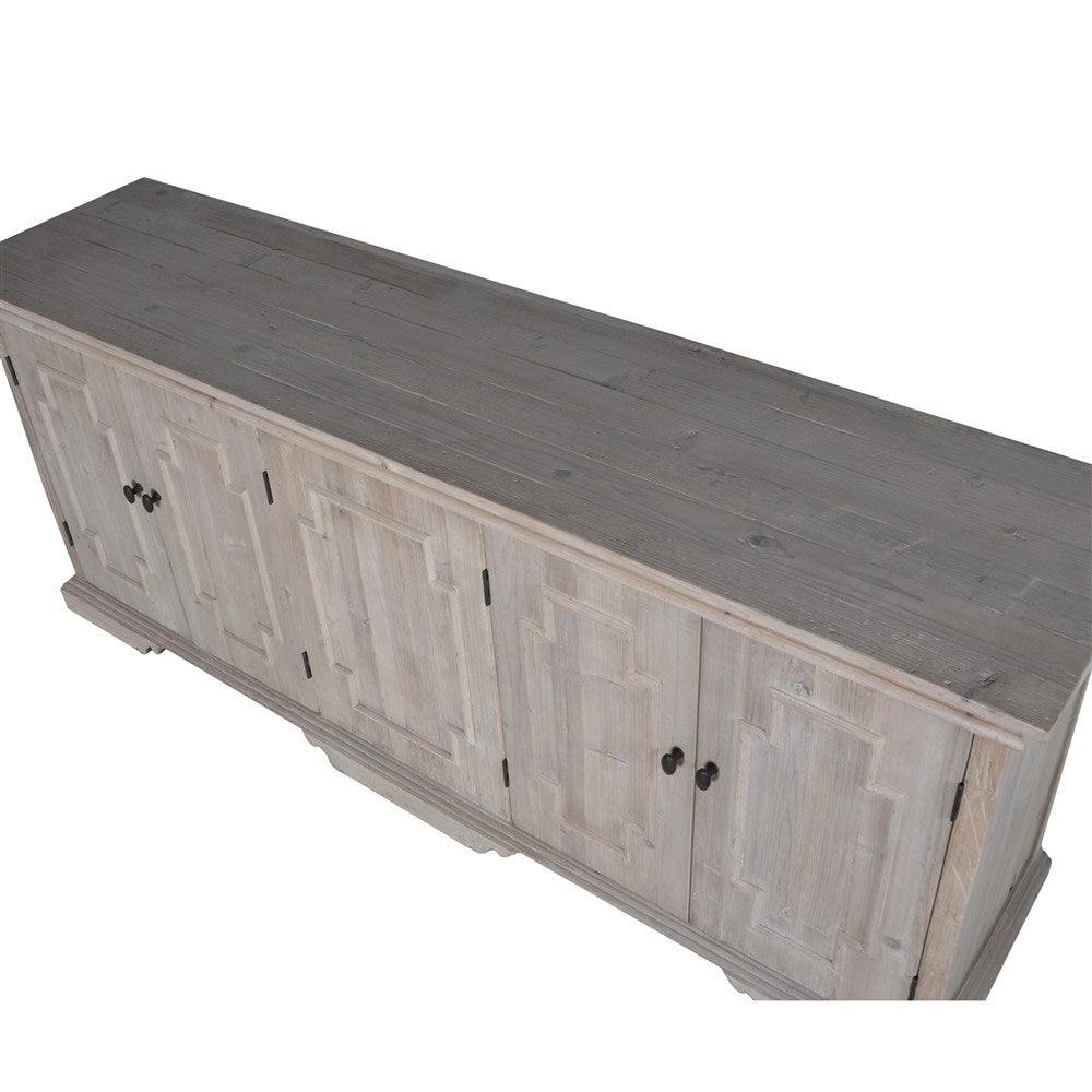Crafted from recycled pine, this cabinet showcases four doors adorned with bronze metal handles and a rustic finish.