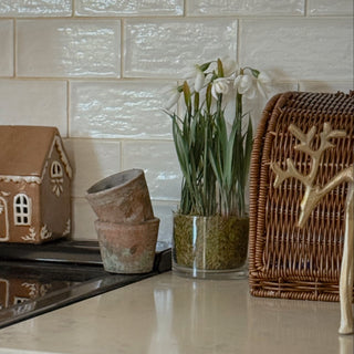 A cozy kitchen countertop scene with a cream subway tile backsplash, a black stovetop, stacked terracotta pots, a small gingerbread house decoration, white daffodils in a glass vase, and a wicker basket.