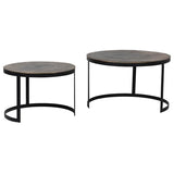 A beautiful set of two occasional tables with antiqued black Metal legs and Bronzed Tops