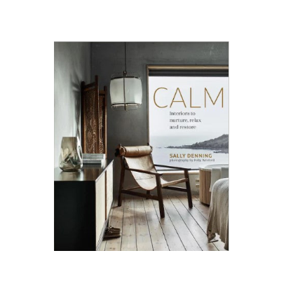 Book Cover of Calm, featuring a simple rustic bedroom overlooking the sea