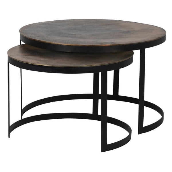 A beautiful set of two occasional tables with antiqued black Metal legs and Bronzed Tops