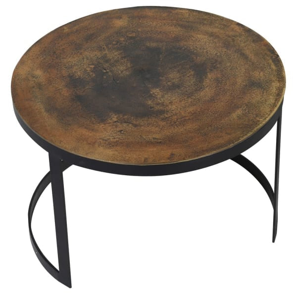 A beautiful set of two occasional tables with antiqued black Metal legs and Bronzed Tops