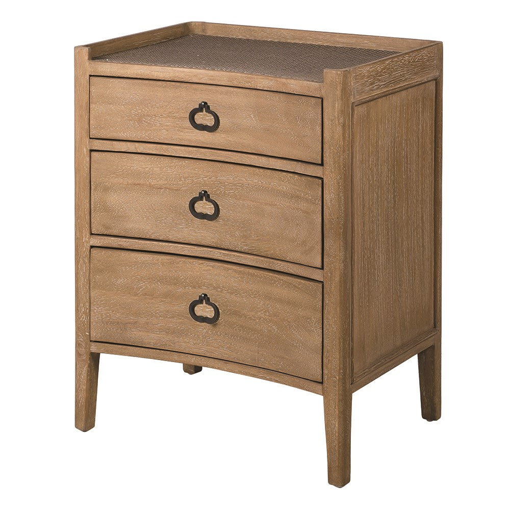 Crafted from luxurious bayur wood and topped with woven wicker, our Kendal bedside table boasts three spacious drawers accented with sleek metal handles.