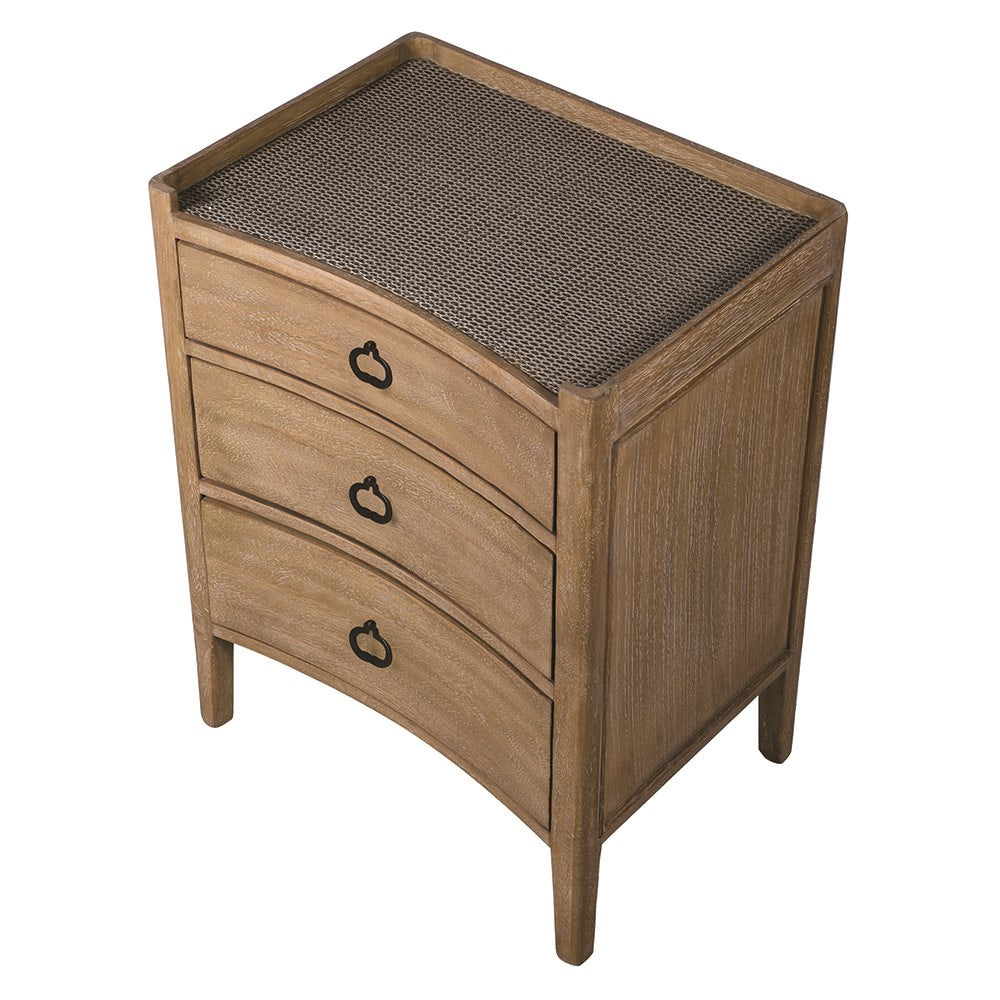 Crafted from luxurious bayur wood and topped with woven wicker, our Kendal bedside table boasts three spacious drawers accented with sleek metal handles.