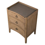 Crafted from luxurious bayur wood and topped with woven wicker, our Kendal bedside table boasts three spacious drawers accented with sleek metal handles.