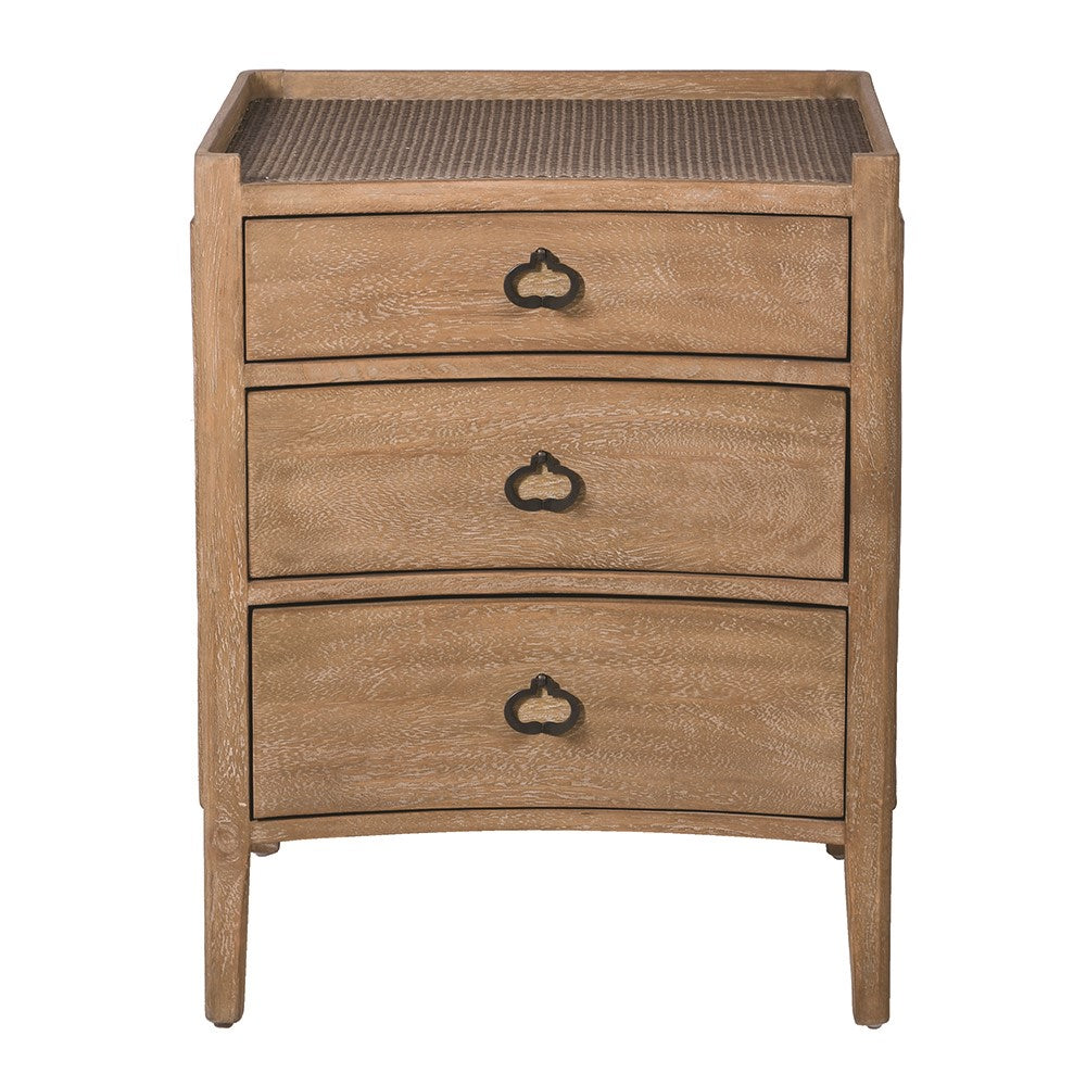 Crafted from luxurious bayur wood and topped with woven wicker, our Kendal bedside table boasts three spacious drawers accented with sleek metal handles.