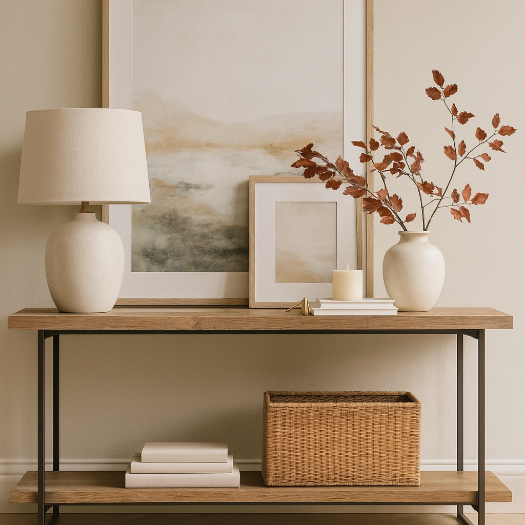 A modern console table with a light wood surface and black metal frame is styled against a neutral wall. Above it hangs a large abstract landscape artwork in soft tones with a smaller framed piece leaning against it. On the table, a ceramic lamp sits on one end, while stacked books, a candle, a candle snuffer, and a ceramic vase with autumnal stems are arranged on the other. A woven basket rests neatly on the lower shelf. The floor features pale herringbone wood with a neutral rug partially visible.