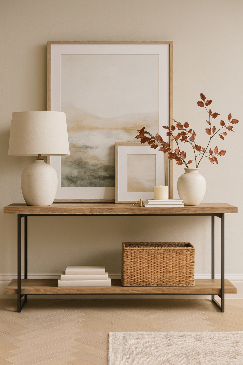 A modern console table with a light wood surface and black metal frame is styled against a neutral wall. Above it hangs a large abstract landscape artwork in soft tones with a smaller framed piece leaning against it. On the table, a ceramic lamp sits on one end, while stacked books, a candle, a candle snuffer, and a ceramic vase with autumnal stems are arranged on the other. A woven basket rests neatly on the lower shelf. The floor features pale herringbone wood with a neutral rug partially visible.