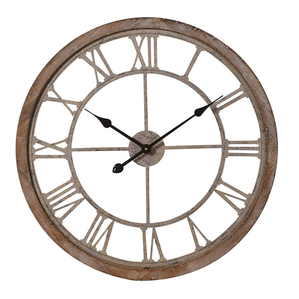 Myla Wall Clock with rustic metal Roman numerals and wooden frame