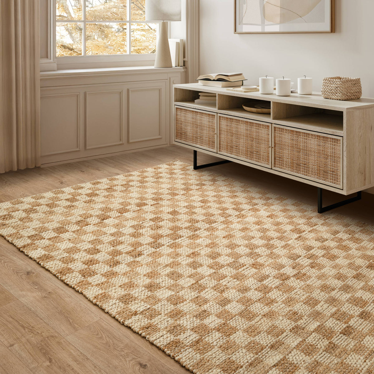 Uley hand woven checkerboard jute rug in natural, view 2